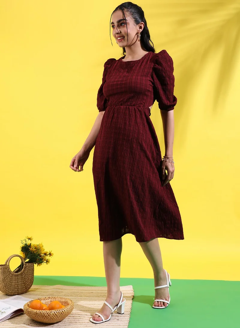 Campus Sutra Burgundy Puff Sleeve Dress