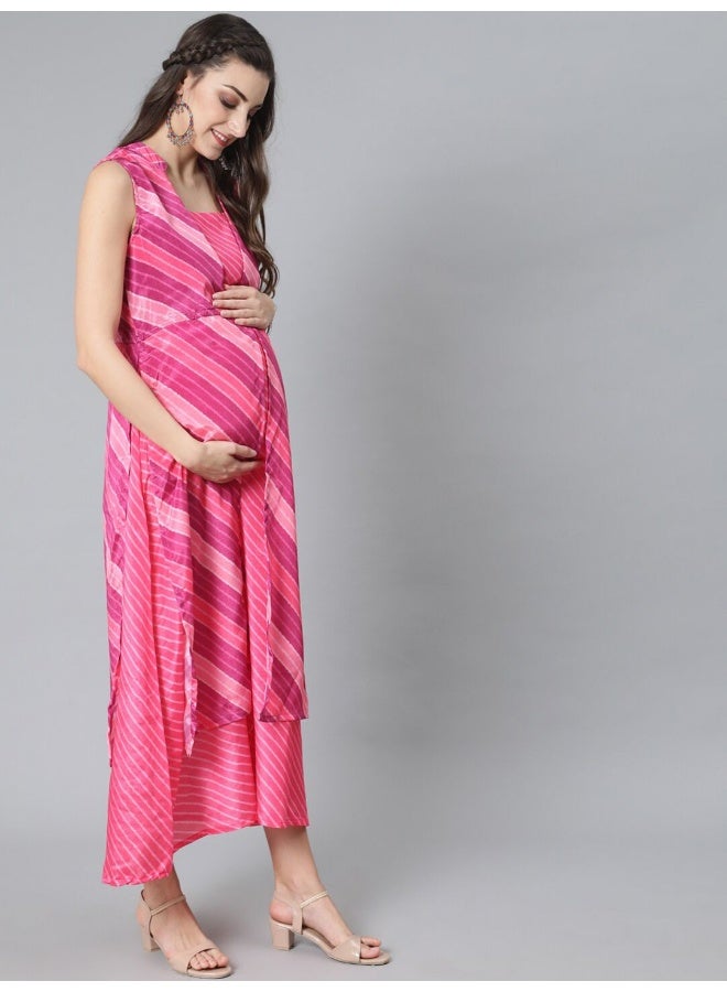 AKS Pink Leheriya Print Maxi Dress  - Image 3