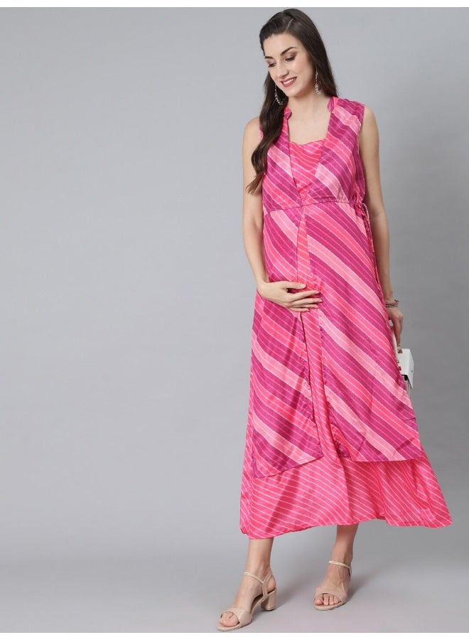AKS Pink Leheriya Print Maxi Dress  - Image 5