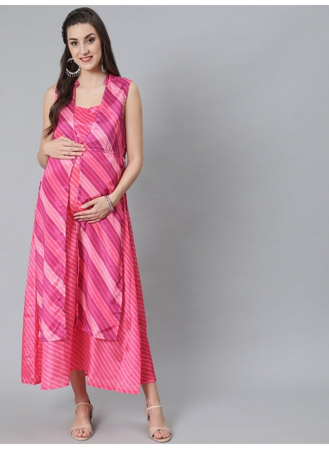 AKS Pink Leheriya Print Maxi Dress  - Image 1