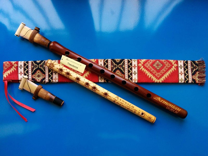 Theodoros Armenian Engraved Duduk Pro from Apricot Wood, 2 Professional Reeds, National Case, Playing Instruction and Flute - Image 1