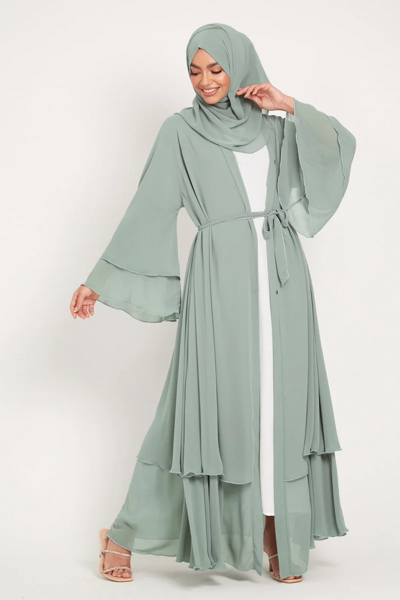 NUKHBAA Green Flare Sleeves Tiered Women's Abaya with Hijab