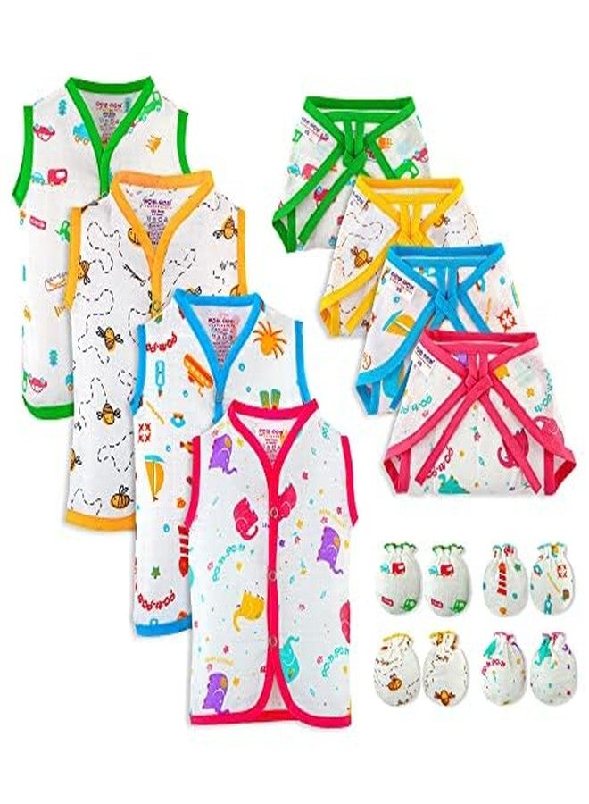 BUMSIES Newborn Babies Clothing Set – Soft 100% Cotton Daily Essentials Gift Set for New Born Baby Boys & Girls | Pack of 12-4 Vest, 4 Tie-Up Cloth Nappy/Langot & 4 Pair Mittens, (0-3 Months) - Image 1
