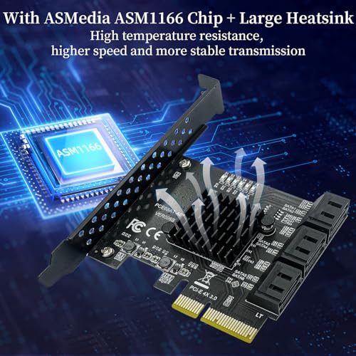 Xdingjiala PCIe SATA Expansion Card 6 Ports 4X with ASM1166 Chip - 6Gbps, Gen 3 Controller Adapter, Non-Raid, with 6 SATA Cables & Low - Profile Bracket, Plug and Play for Windows XP/7/8/10, Linux, MAC OS - Image 2