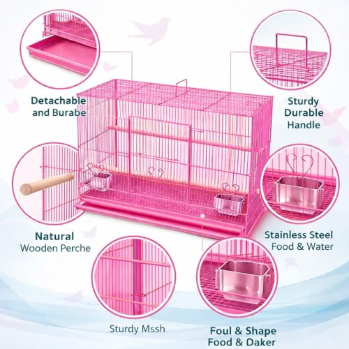 Rizopets Bird Cage, Crate for Rabbit, Parrots and Small Pets with Sliding Tray, 2 Feeding Cup & 2 Perch with Secure Lock (1.5 Feet, Pink) Metal - Image 4