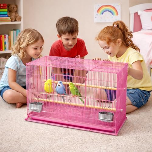 Rizopets Bird Cage, Crate for Rabbit, Parrots and Small Pets with Sliding Tray, 2 Feeding Cup & 2 Perch with Secure Lock (1.5 Feet, Pink) Metal - Image 3