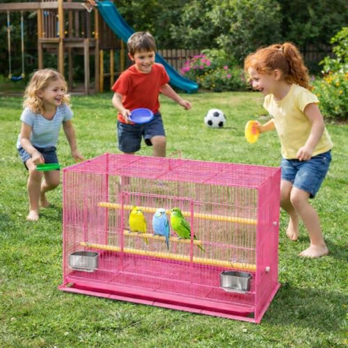 Rizopets Bird Cage, Crate for Rabbit, Parrots and Small Pets with Sliding Tray, 2 Feeding Cup & 2 Perch with Secure Lock (1.5 Feet, Pink) Metal - Image 5
