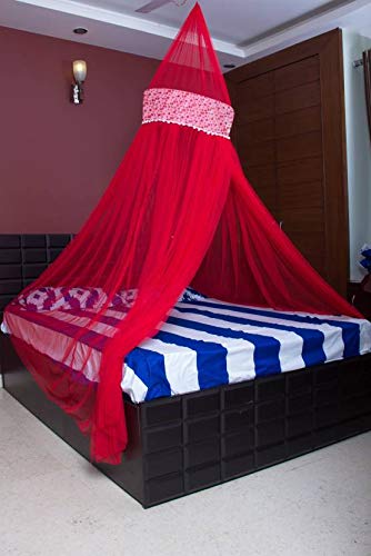 CREATIVE TEXTILES شبكة ناموسية معلقة من الأقمشة الإبداعية I مشارداني لسرير مزدوج بحجم كينغ I ستارة دائرية من البوليستر لغرفة النوم I تبقي الحشرات والذباب بعيدًا - أبيض+أحمر - Image 2