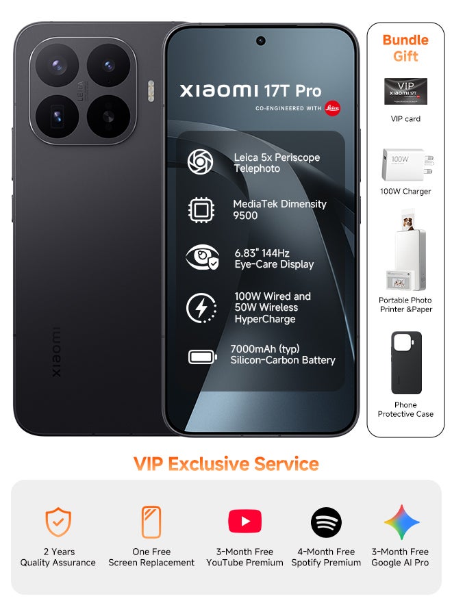 Xiaomi 17T Pro Dual SIM 5G Black 12GB RAM 512GB + Portable photo printer pro + Sublimation Photo Paper(20) - Global Version