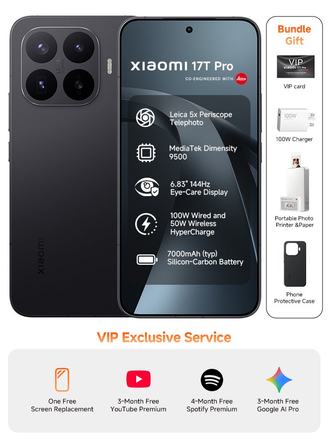 Xiaomi 17T Pro Dual SIM 5G Black 12GB RAM 512GB + Portable photo printer pro + Sublimation Photo Paper(20) - Global Version - Image 1