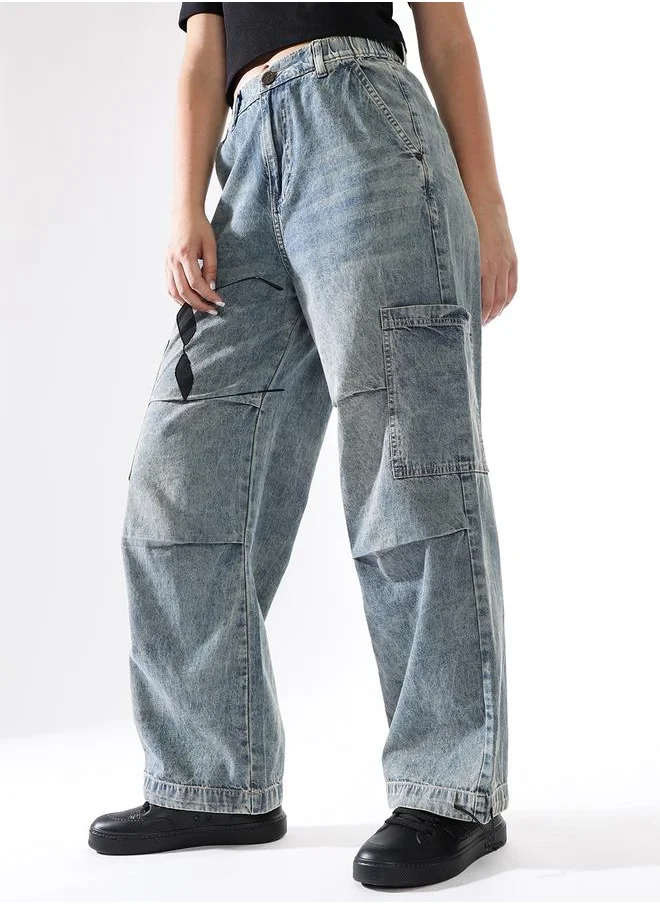 Hubberholme Women Baggy Fit Parachute Cargo High-Rise Light Fade Jeans