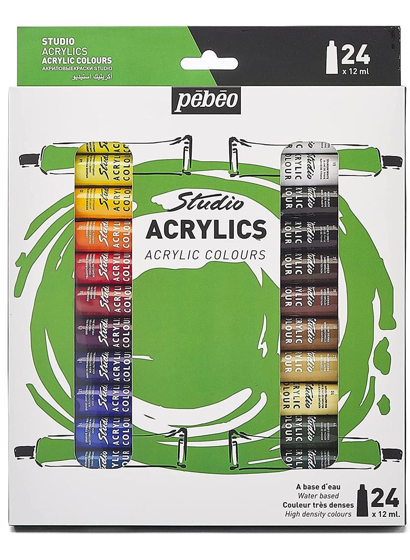 Pebeo مجموعة ألوان أكريليك Pebeo Studio Acrylics للفنانين المحترفين والرسامين الهواة 24 لونًا 12 مل - Image 1