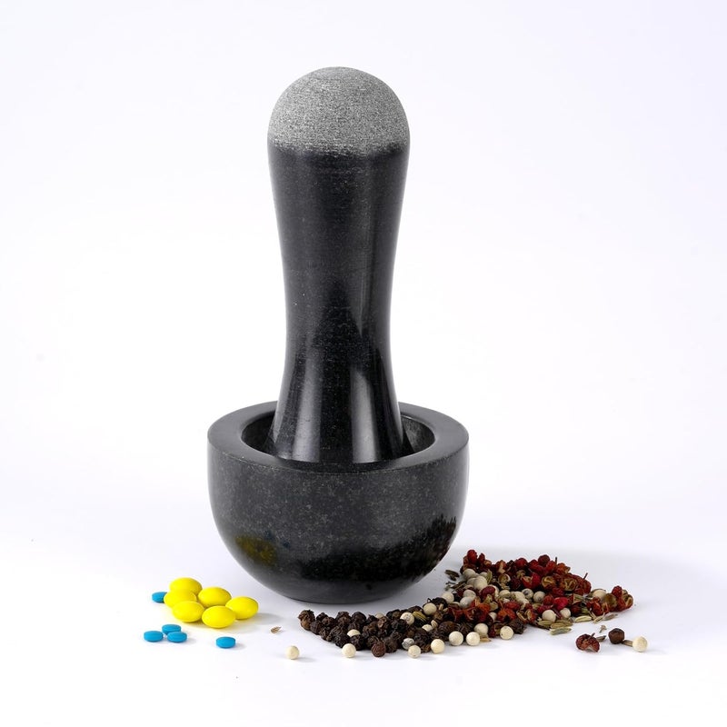 Tianman Small Mortar and Pestle Set 3.2 Inch.1/3 Cup.Mini Marble Grinder with Brush for Pills Herbs Spices,Easy to Grip.Efficient Grinding.Universal Dual Head Grinding Pestle.(Granite Black Polished) - Image 1
