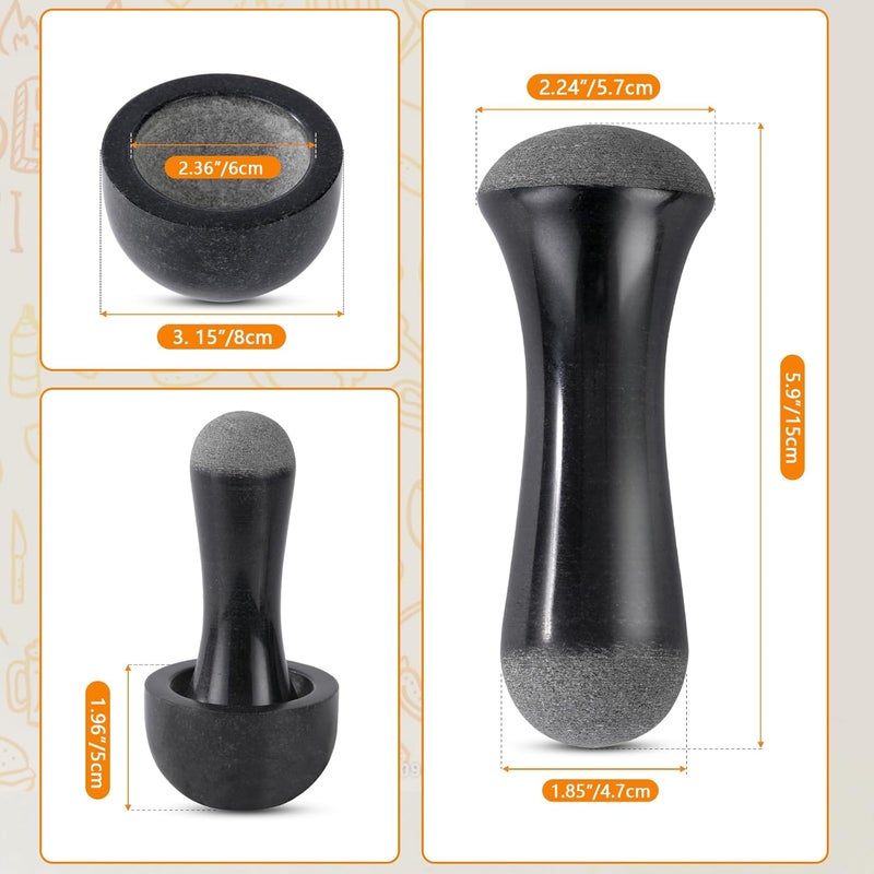 Tianman Small Mortar and Pestle Set 3.2 Inch.1/3 Cup.Mini Marble Grinder with Brush for Pills Herbs Spices,Easy to Grip.Efficient Grinding.Universal Dual Head Grinding Pestle.(Granite Black Polished) - Image 2
