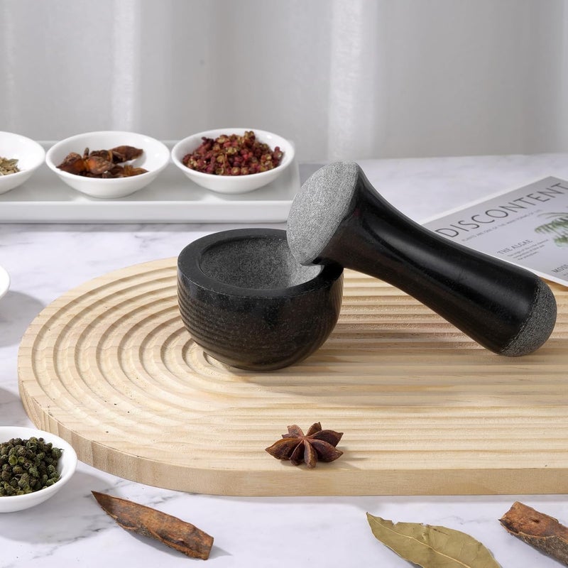 Tianman Small Mortar and Pestle Set 3.2 Inch.1/3 Cup.Mini Marble Grinder with Brush for Pills Herbs Spices,Easy to Grip.Efficient Grinding.Universal Dual Head Grinding Pestle.(Granite Black Polished) - Image 5