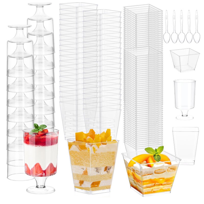 tchrules 300 Packs 5oz Dessert Cups with Spoons 3 Styles Mini Plastic Appetizer Cups Clear Parfait Cup for Party Cake Cups for Tiramisu Pudding Snacks Yogurt Fruits Mousse