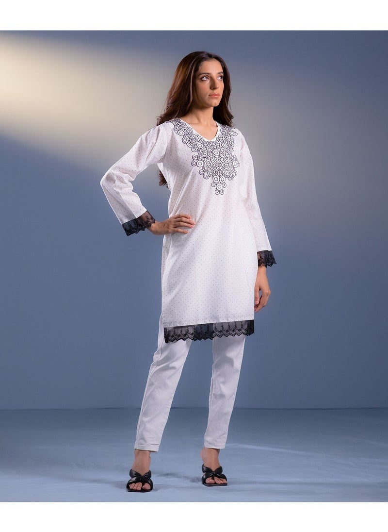 Basix Embroidered Vanilla White Lawn Shirt with Black Net  - Image 1