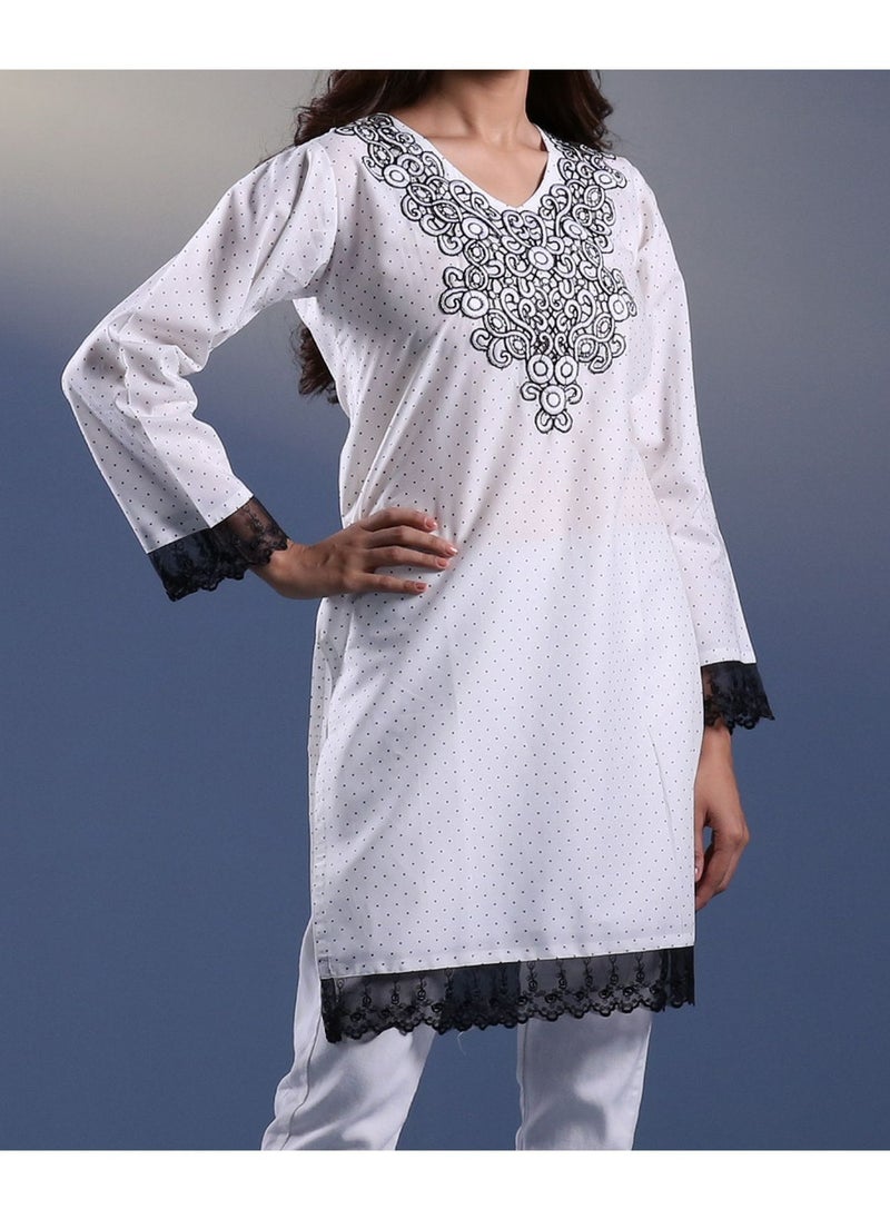 Basix Embroidered Vanilla White Lawn Shirt with Black Net  - Image 3