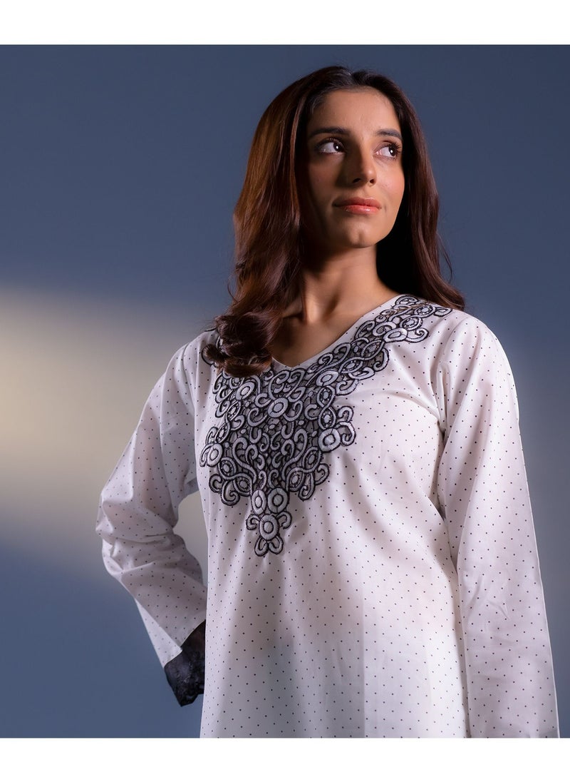 Basix Embroidered Vanilla White Lawn Shirt with Black Net  - Image 2
