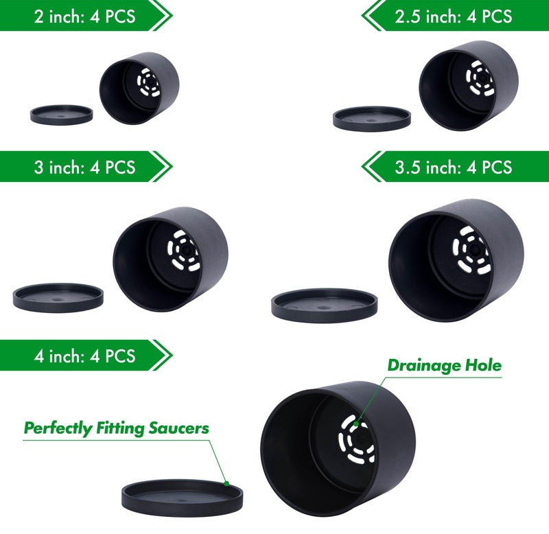 D'vine Dev Pack of 20 Plastic Plant Pots (4 Set of 2 Inch, 2.5 Inch, 3 Inch, 3.5 Inch, 4 Inch) Small Garden Planter Pots for Plant with Drainage Holes and Saucers, Black, 74-U-B - Image 4