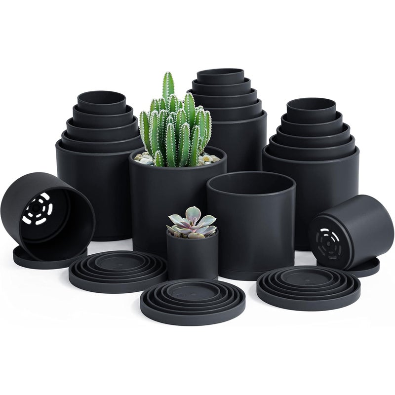 D'vine Dev Pack of 20 Plastic Plant Pots (4 Set of 2 Inch, 2.5 Inch, 3 Inch, 3.5 Inch, 4 Inch) Small Garden Planter Pots for Plant with Drainage Holes and Saucers, Black, 74-U-B - Image 1
