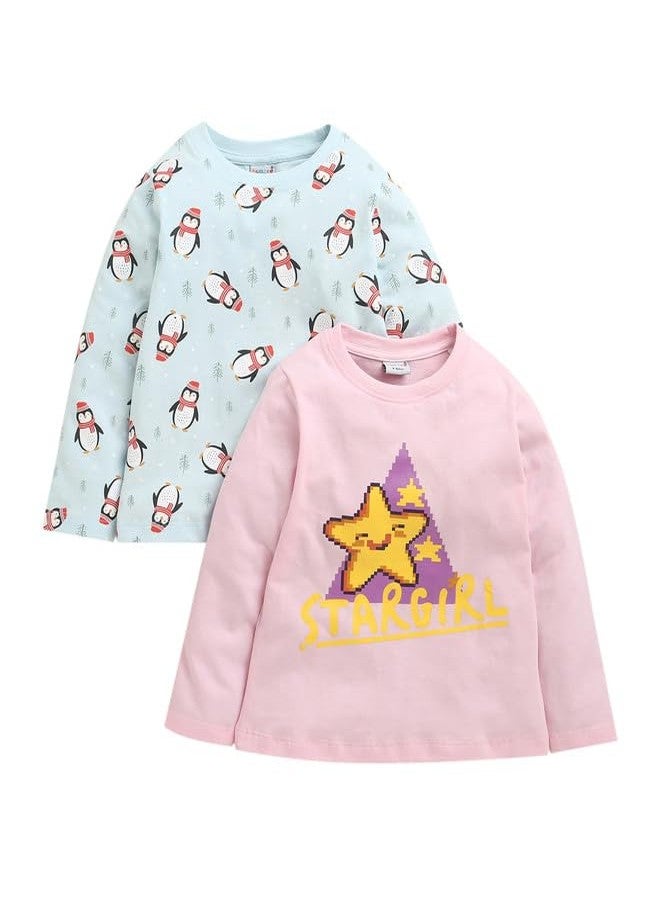 BUMZEE تيشيرت قطني بأكمام طويلة للبنات من بامزي، لون وردي فاتح وأزرق سماوي - من 6 إلى 12 شهرًا (Peb10990C-bpk) - Image 1