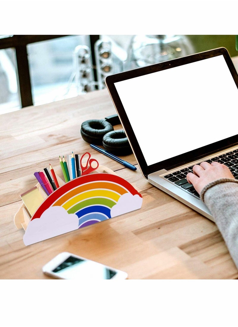 SYOSI حامل أقلام خشبي وحامل أقلام رصاص - حامل هاتف من Rainbow Supply Caddy منظم مكتبي لمستلزمات المكتب وفرشاة المكياج وتنظيم الفصول الدراسية للنساء والأطفال  - Image 5