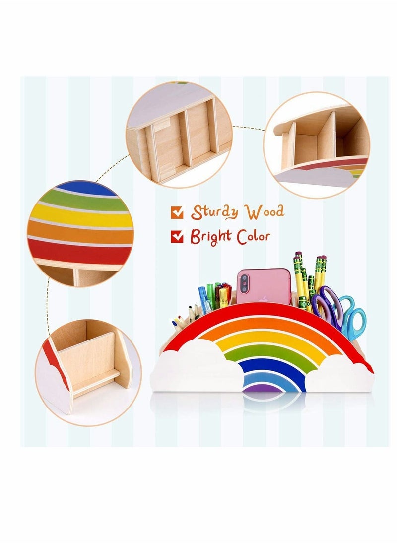SYOSI حامل أقلام خشبي وحامل أقلام رصاص - حامل هاتف من Rainbow Supply Caddy منظم مكتبي لمستلزمات المكتب وفرشاة المكياج وتنظيم الفصول الدراسية للنساء والأطفال  - Image 2