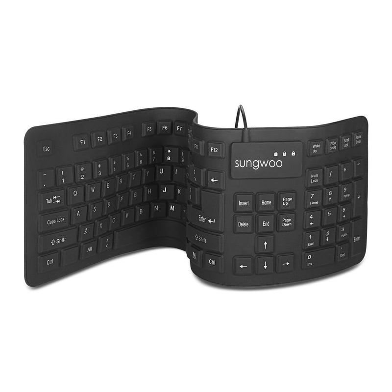 sungwoo Foldable Silicone Keyboard USB Wired Standard Keyboard Waterproof Rollup Keyboard for PC Notebook Laptop, Full Size (Black) - Image 2