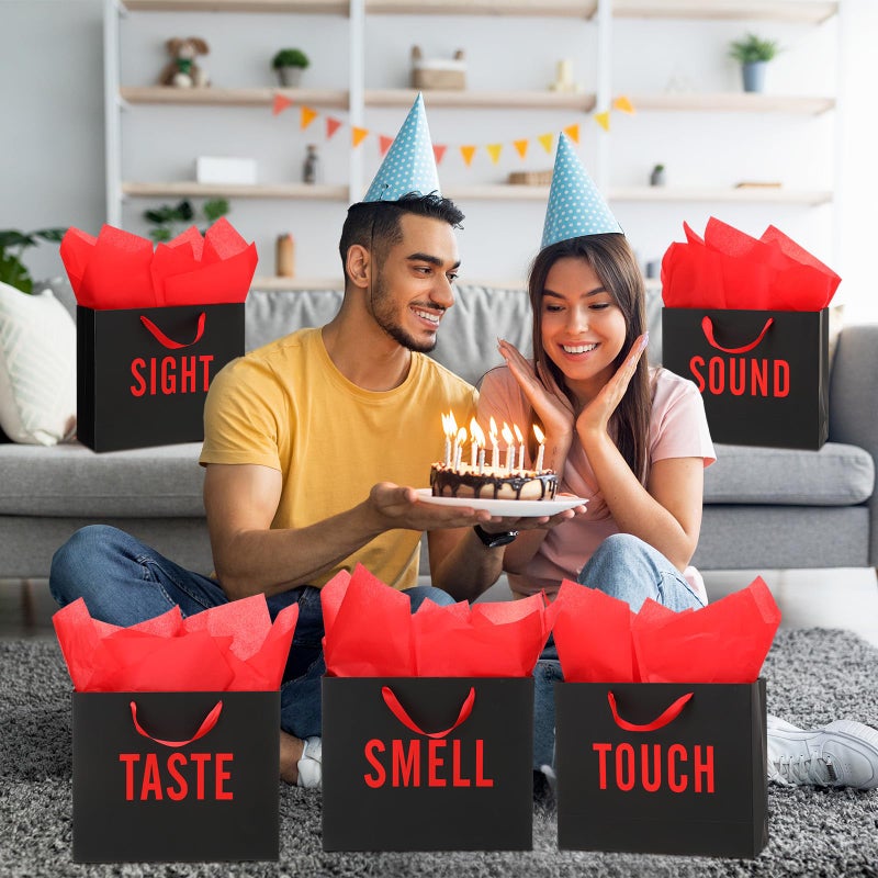 Kolldenn 5 Senses Gift Bags for Him and Her Five Senses Gift Bag with Ribbon Handles and Tissue Paper Present Wrappings for Valentine Wedding Birthday Mothers Day (Black Red,11.8 x 10 x 4 Inch) - Image 4