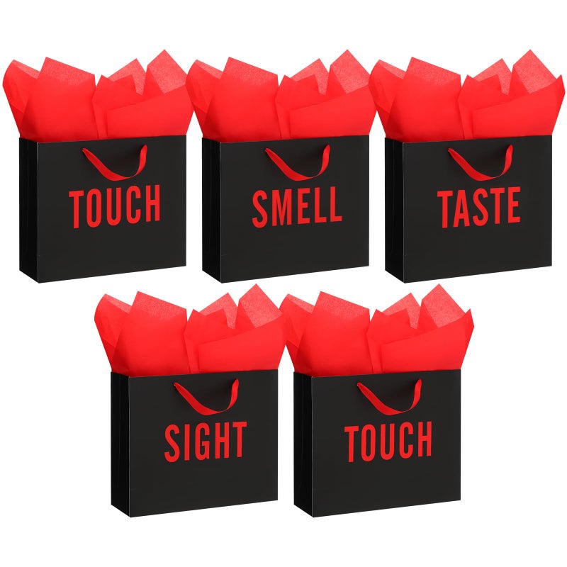 Kolldenn 5 Senses Gift Bags for Him and Her Five Senses Gift Bag with Ribbon Handles and Tissue Paper Present Wrappings for Valentine Wedding Birthday Mothers Day (Black Red,11.8 x 10 x 4 Inch) - Image 1