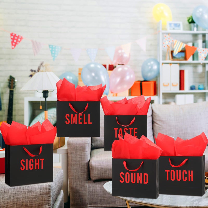 Kolldenn 5 Senses Gift Bags for Him and Her Five Senses Gift Bag with Ribbon Handles and Tissue Paper Present Wrappings for Valentine Wedding Birthday Mothers Day (Black Red,11.8 x 10 x 4 Inch) - Image 5