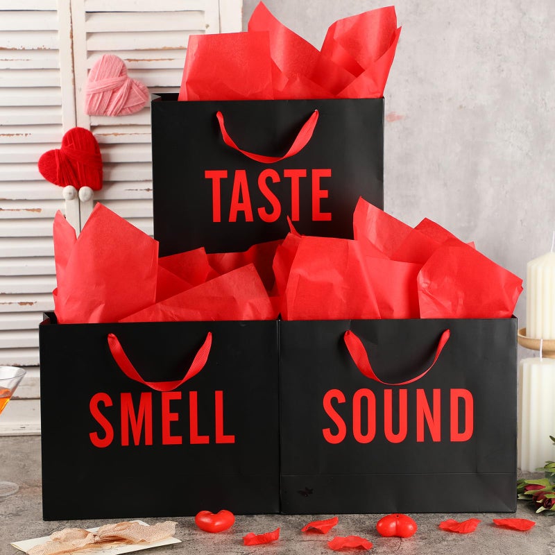 Kolldenn 5 Senses Gift Bags for Him and Her Five Senses Gift Bag with Ribbon Handles and Tissue Paper Present Wrappings for Valentine Wedding Birthday Mothers Day (Black Red,11.8 x 10 x 4 Inch) - Image 3