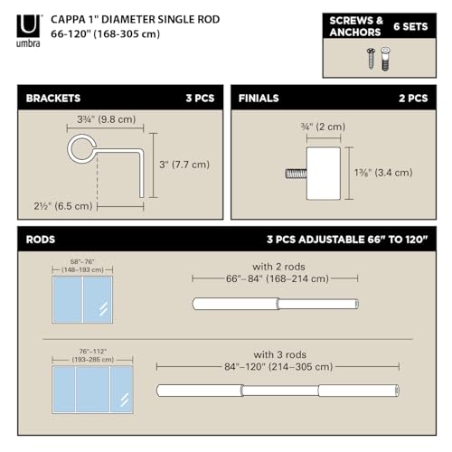 UMBRA عصا ستائر أمبرا كابا - عصا ستائر بقطر 1 إنش تمتد من 66 إلى 120 إنش، تشمل 2 زينة متطابقة، حوامل وأدوات، نحاس، 66 إلى 120 إنش - Image 3