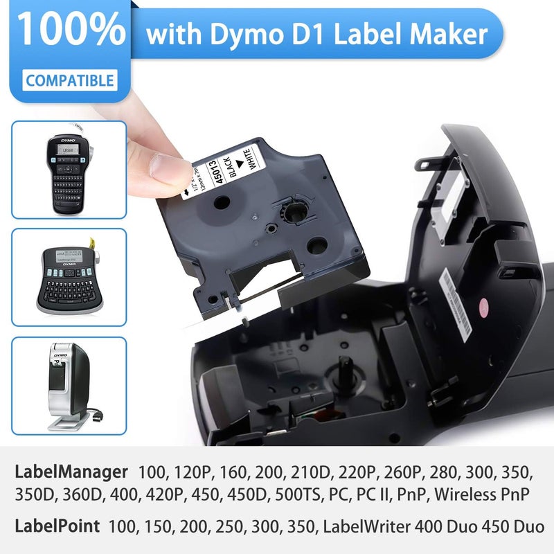 JOJOME 6-Pack Dymo D1 Label Tape 45013 Black on White 1/2 Inch x 23 Feet Compatible for DYMO LabelManager 160 280 210D 360D 420P Wireless PnP 220P 260P 500TS 450DUO - Image 2