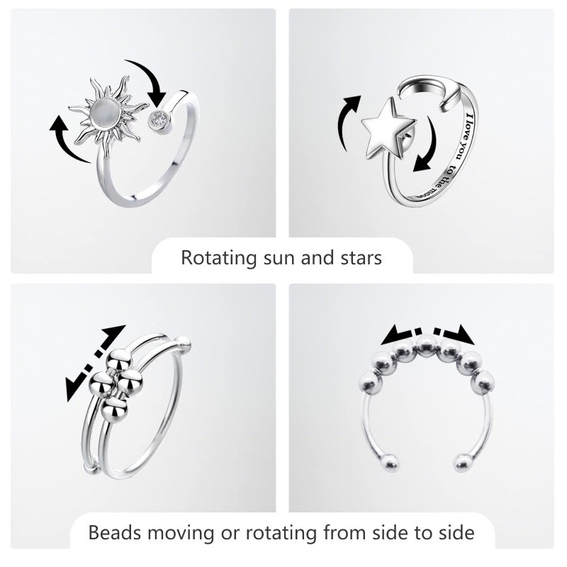 ATCEME 4PCS Fidget Rings for Women Adjustable Stress Relief Fidget Spinner Ring Stainless Steel Sun Moon Star Bead Rotatable Fidget Rings (Silver) - Image 2