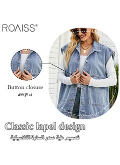 roaiss Women'S Fashion Lightweight Denim Vest Casual Loose Lapel Sleeveless Design 6 Buttons Open And Close Practical Large Pockets On Both Sides  - Image 3