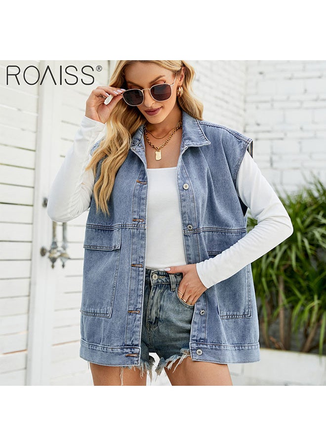 roaiss Women'S Fashion Lightweight Denim Vest Casual Loose Lapel Sleeveless Design 6 Buttons Open And Close Practical Large Pockets On Both Sides  - Image 2