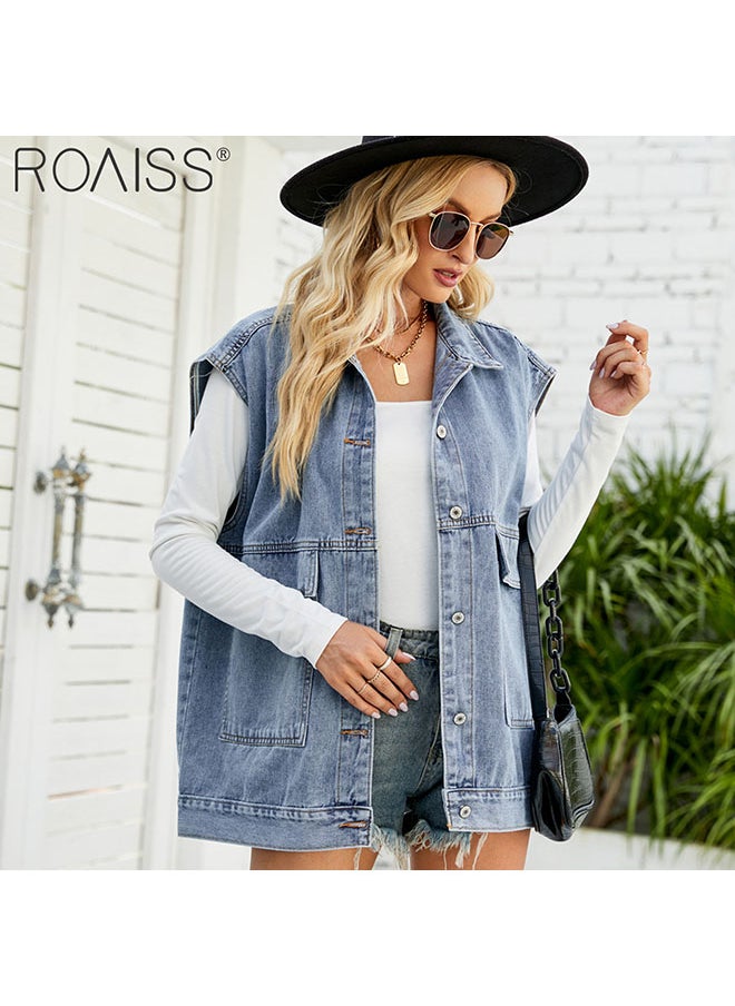 roaiss Women'S Fashion Lightweight Denim Vest Casual Loose Lapel Sleeveless Design 6 Buttons Open And Close Practical Large Pockets On Both Sides  - Image 5