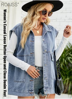 roaiss Women'S Fashion Lightweight Denim Vest Casual Loose Lapel Sleeveless Design 6 Buttons Open And Close Practical Large Pockets On Both Sides  - Image 1