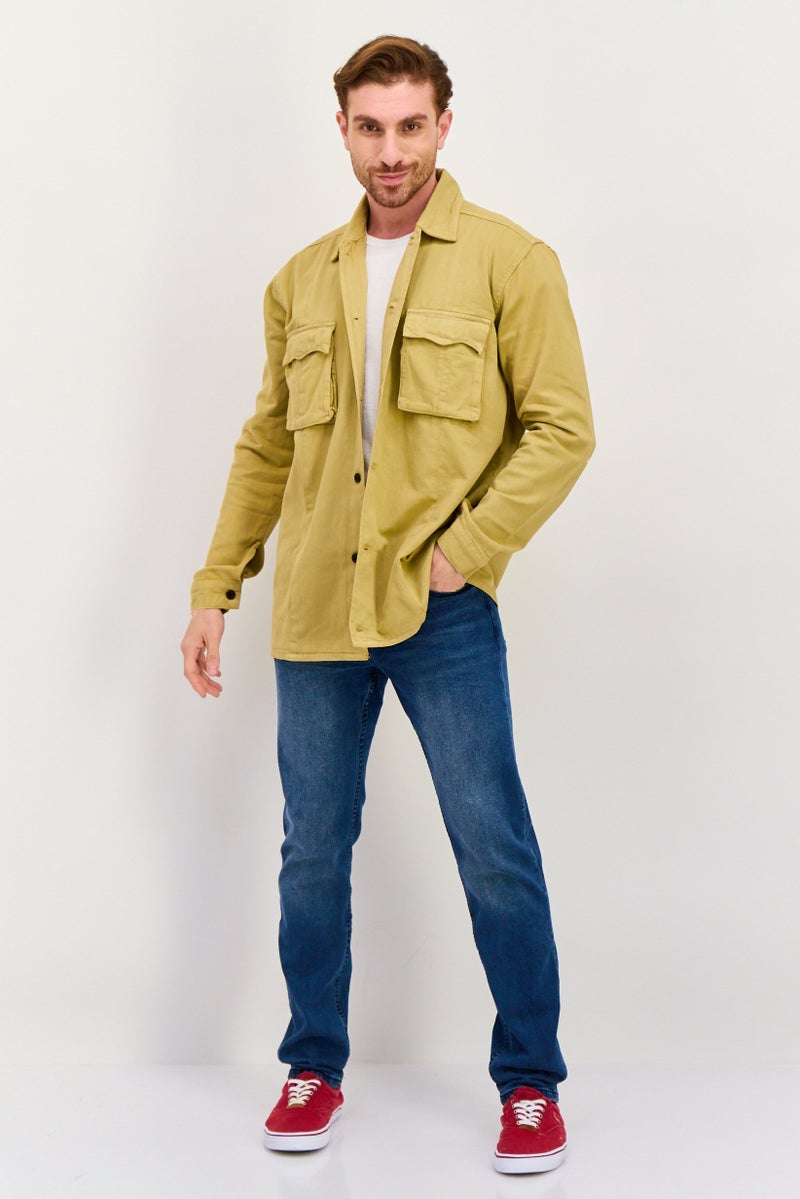 Night Addict Men Plain Long Sleeve Jacket Shirt, Dark Beige - Image 2