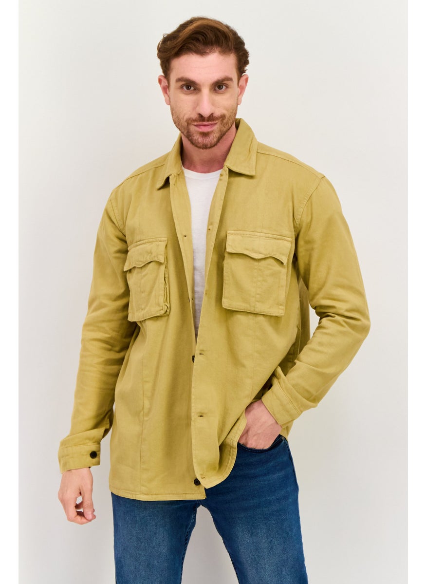 Night Addict Men Plain Long Sleeve Jacket Shirt, Dark Beige  - Image 1