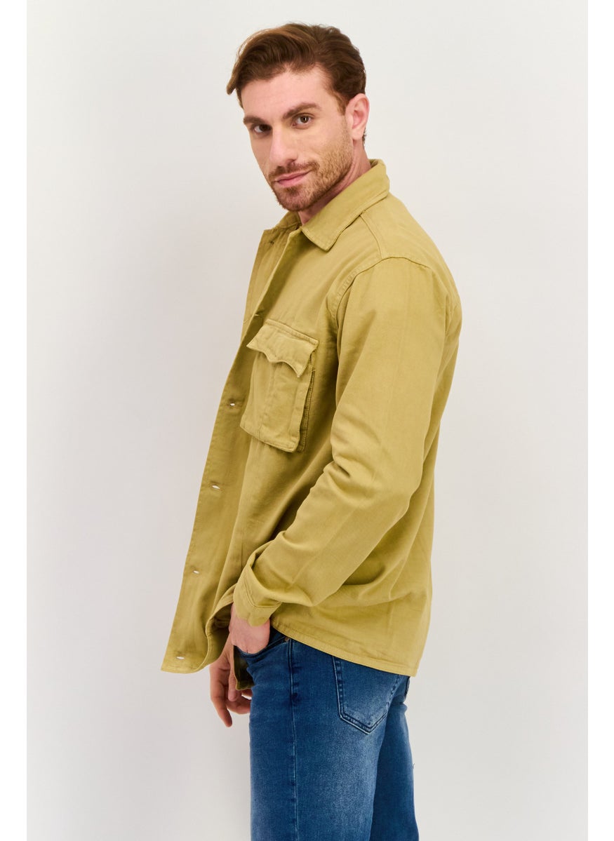 Night Addict Men Plain Long Sleeve Jacket Shirt, Dark Beige  - Image 3