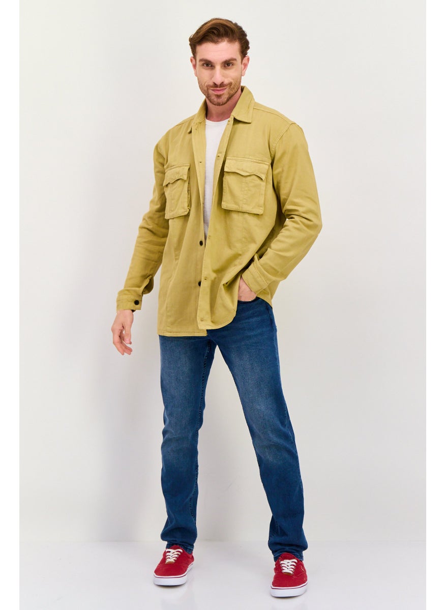 Night Addict Men Plain Long Sleeve Jacket Shirt, Dark Beige  - Image 2