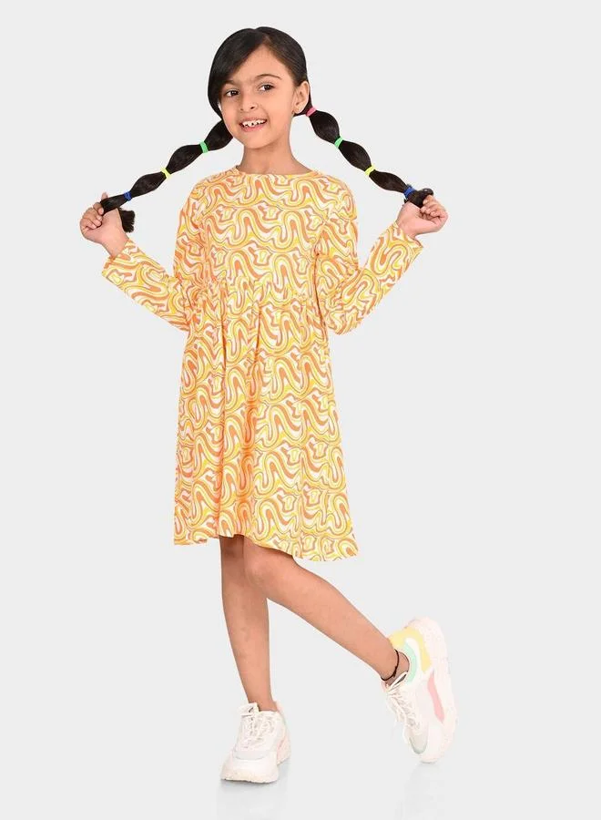 Bonkids Girl's White & Multicolour 100% Cotton Printed Regular Fit Dress