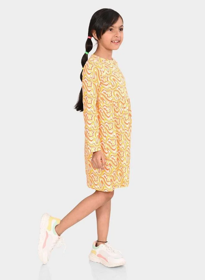 Bonkids Girl's White & Multicolour 100% Cotton Printed Regular Fit Dress