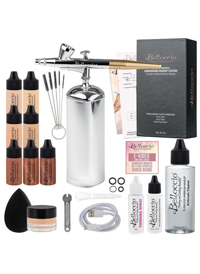 Belloccio Complete Cordless Handheld Airbrush Cosmetic Makeup System With 4 Fair Foundation Shades, Professional 18Piece Kit, Moisturizing Primer, Blush, Bronzer, Highlighter, Concealer, User Guide  - Image 2