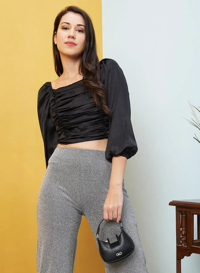 Square Neck Balloon Sleeves Smocked Crop Top