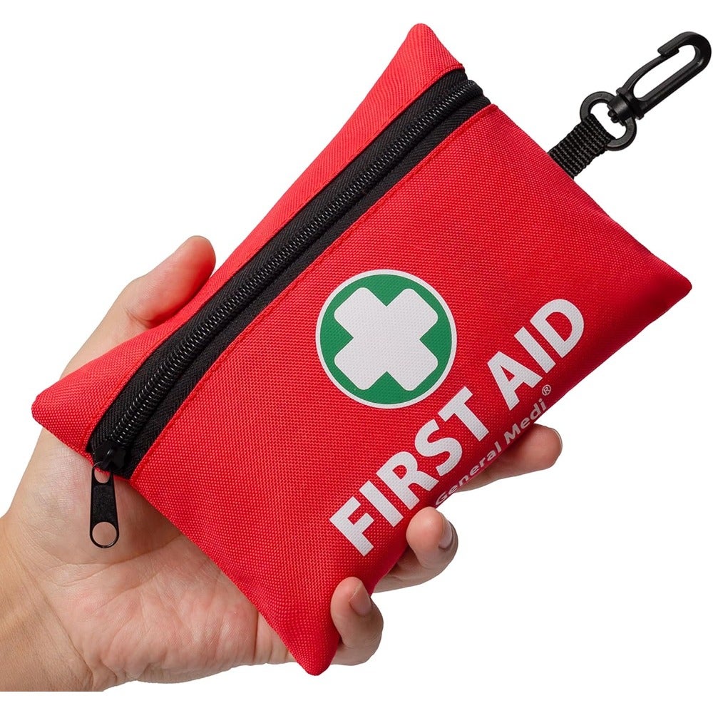 Small First Aid Kit - Includes Emergency Foil Blanket, Scissors for Travel, Home, Office, Vehicle, Camping, Workplace and Outdoor Red