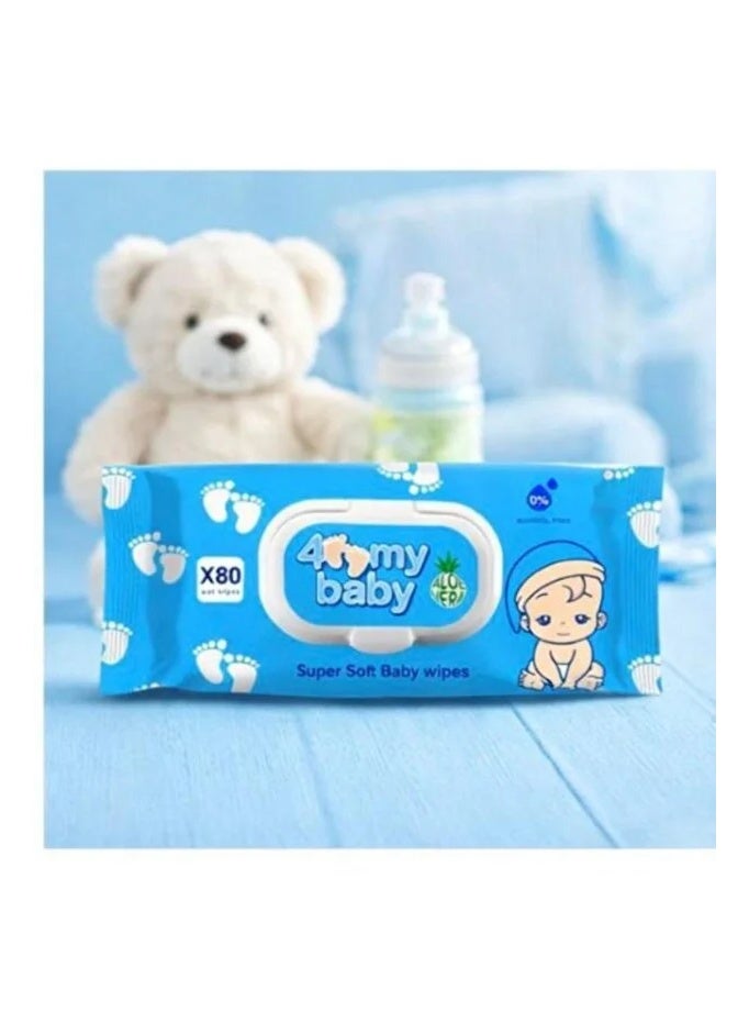 مناديل مبللة فائقة النعومة من فور ماي بيبي، 320 منديل (4 عبوات × 80 منديل) - أزرق، بخلاصة الصبار، خالية من الكحول